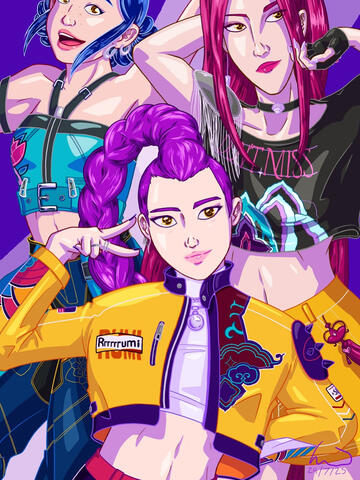 Digital illustration of Huntrix from KPop Demon Hunters doing cool poses. Zoey is on the left, Rumi is in the centre foreground, and Mira is on the right. They are wearing their outfits from the concert at the beginning of the film.
